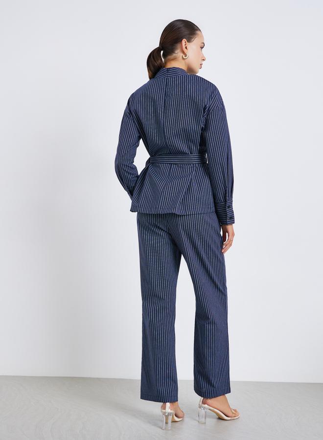 Styli Women Striped Stand-Up Collar Belted Top and Pants Co-Ords - Image 4